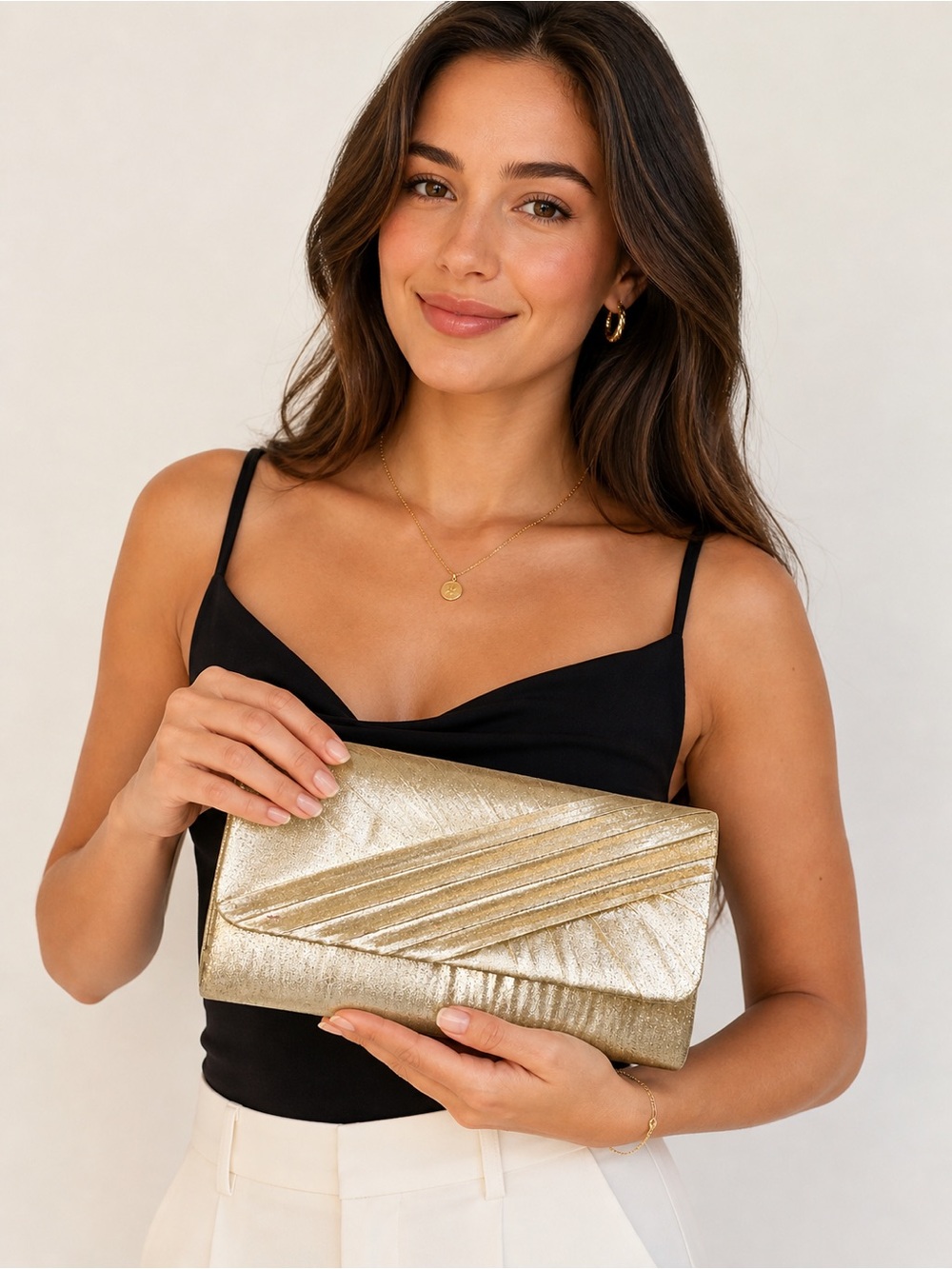 Vintage Kate Landry Gold Metallic Clutch Evening Bag Pleated Front‎ Envelope